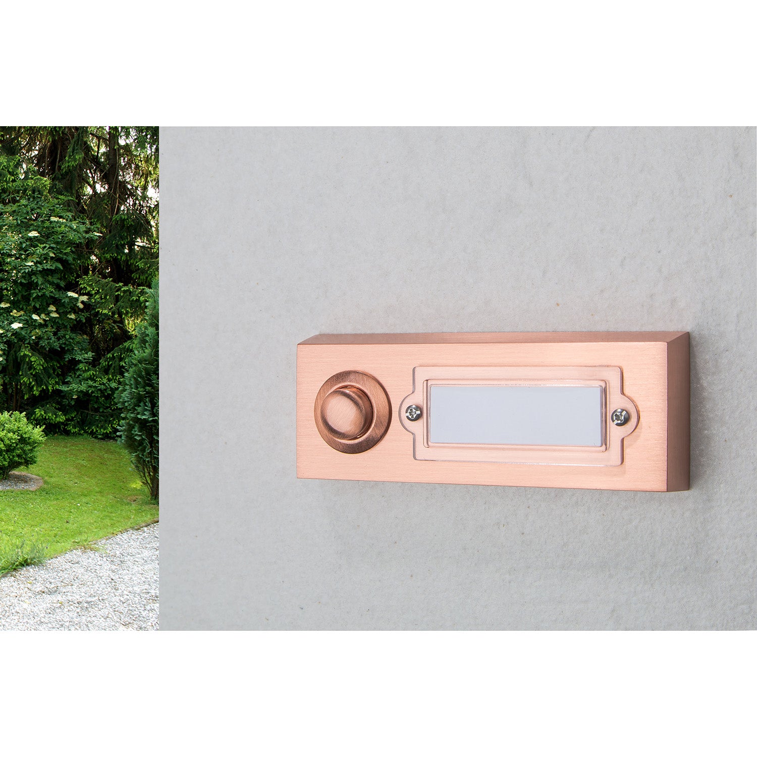 Huber 12051 Klingeltaster 1- fach   Klingelplatte in Kupfer für die Aufputzmontage Innen- und Außenbereich, Zinkguss (ZnA14). rechteck, befestigt, draußen, angebracht, Garten