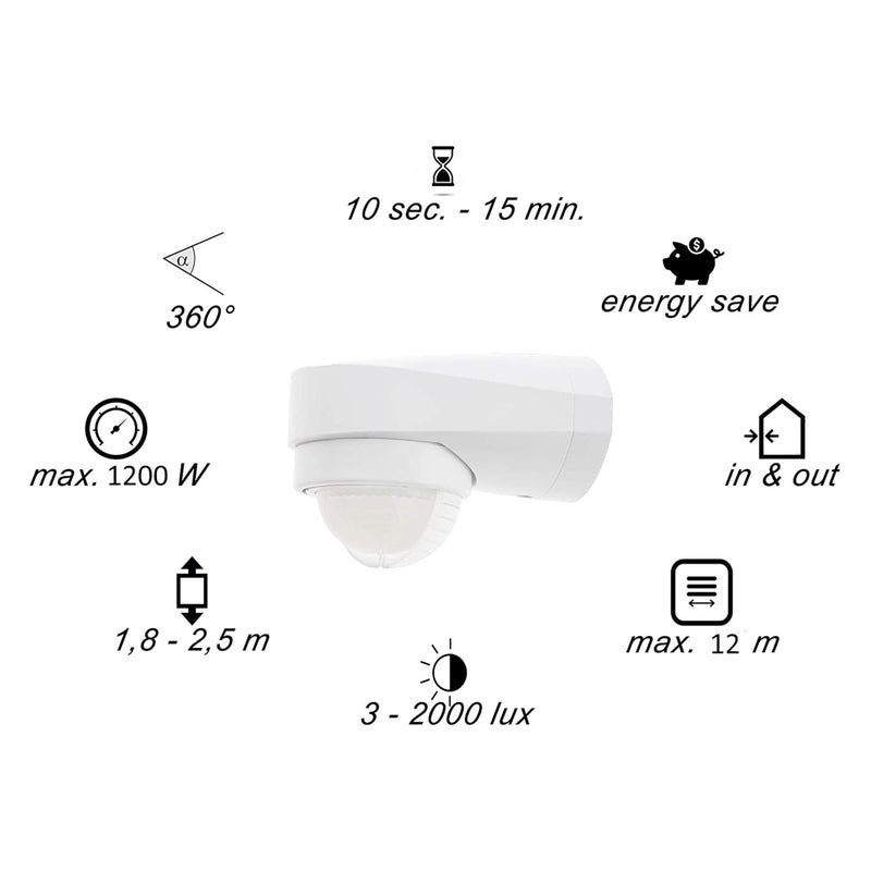 Bewegungsmelder 360° Infrarot 3 Sensoren Matrixlinsen-IP54 auch LED Unterkriechschutz, auch Eckmontage, 37091 weiß, Werte, Zeit. Angaben, Höhe, Lux, Watt